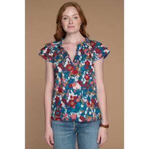Olivia James The Label Astrid Short Sleeve Ruffle Shoulder Top Abstract Floral M